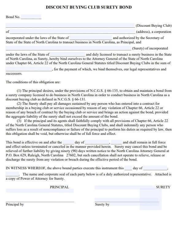North Carolina Discount Buying Club Bond Form
