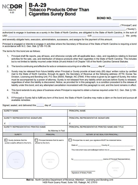 North Carolina Tobacco Products Tax Bond Form