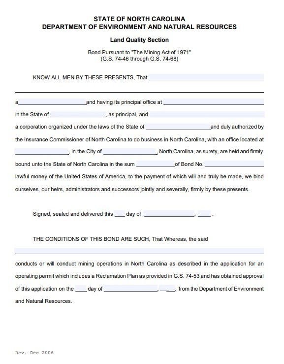 North Carolina Reclamation Bond Form
