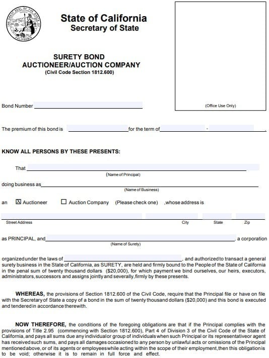 California Auctioneer Bond Form