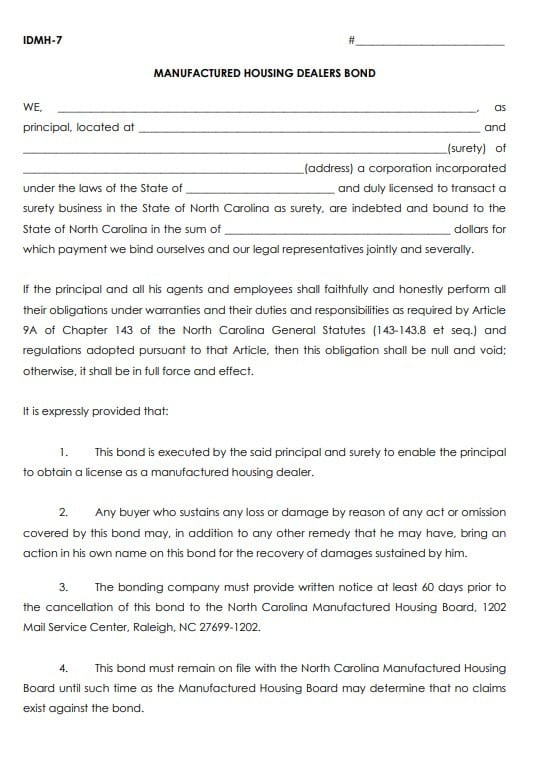 North Carolina Manufactured Housing Dealer Bond Form