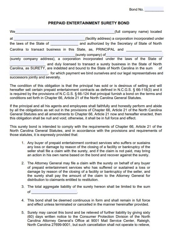 North Carolina Prepaid Entertainment Bond Form
