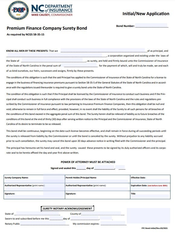 North Carolina Premium Finance Company Bond Form