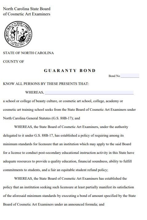 North Carolina Beauty School Bond Form