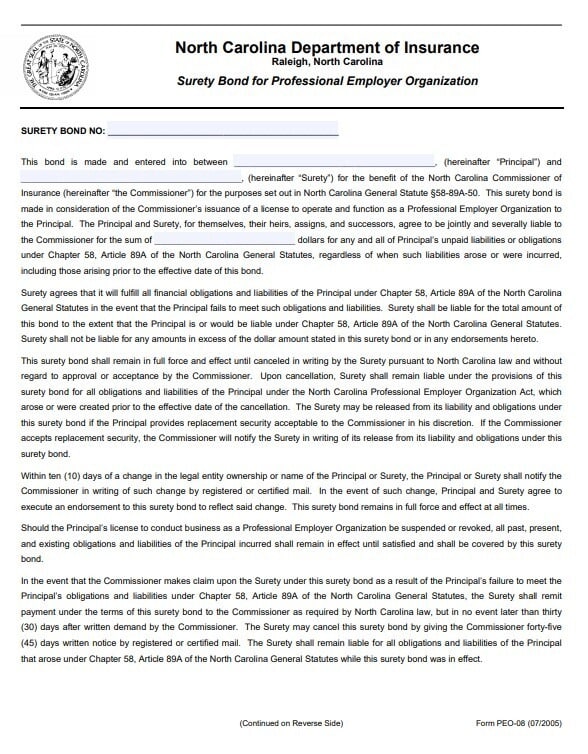 North Carolina Professional Employer Organization Bond Form