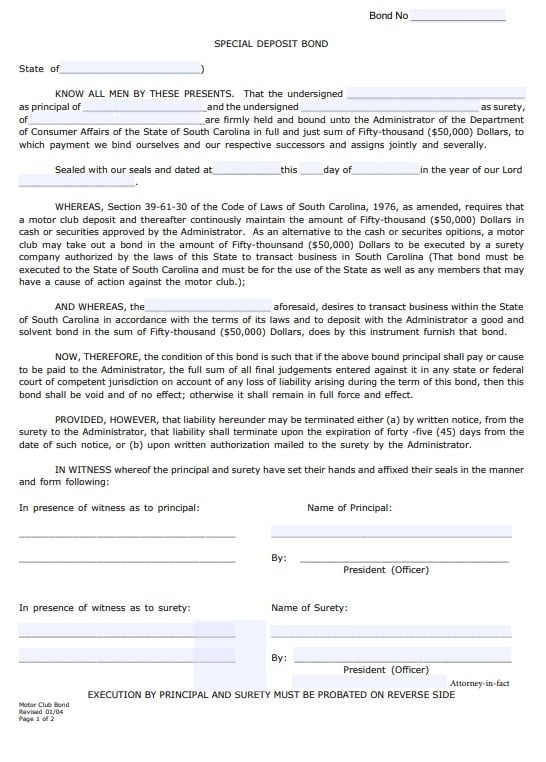 South Carolina Motor Club Bond Form