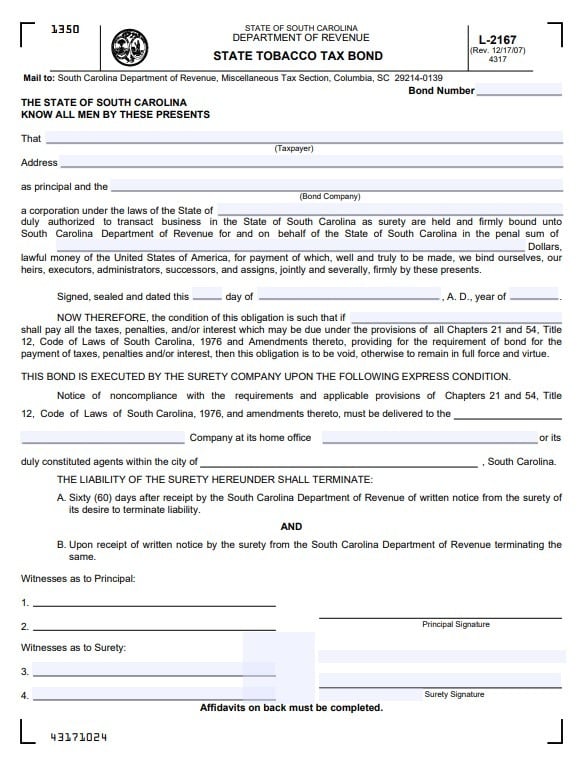 South Carolina Tobacco Tax Bond Form