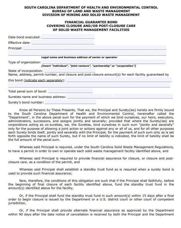 South Carolina Solid Waste Management Facility Bond Form