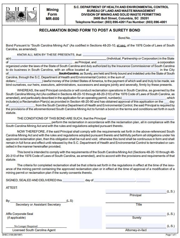 South Carolina Reclamation Bond Form