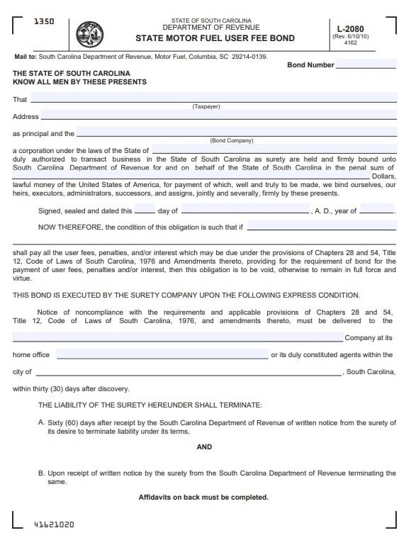 South Carolina Motor Fuel User Fee Bond Form