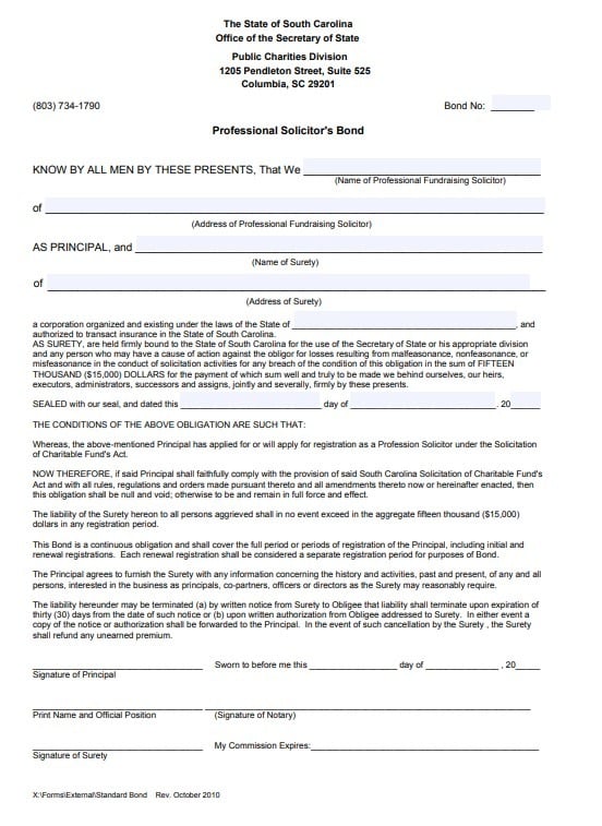 South Carolina Professional Solicitor Bond Form