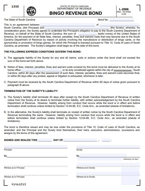 South Carolina Bingo Bond Form