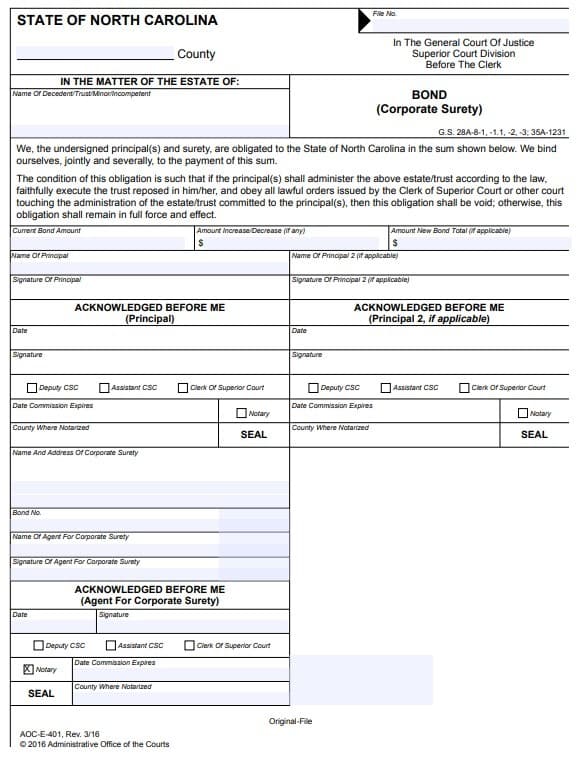 North Carolina Executor Bond Form