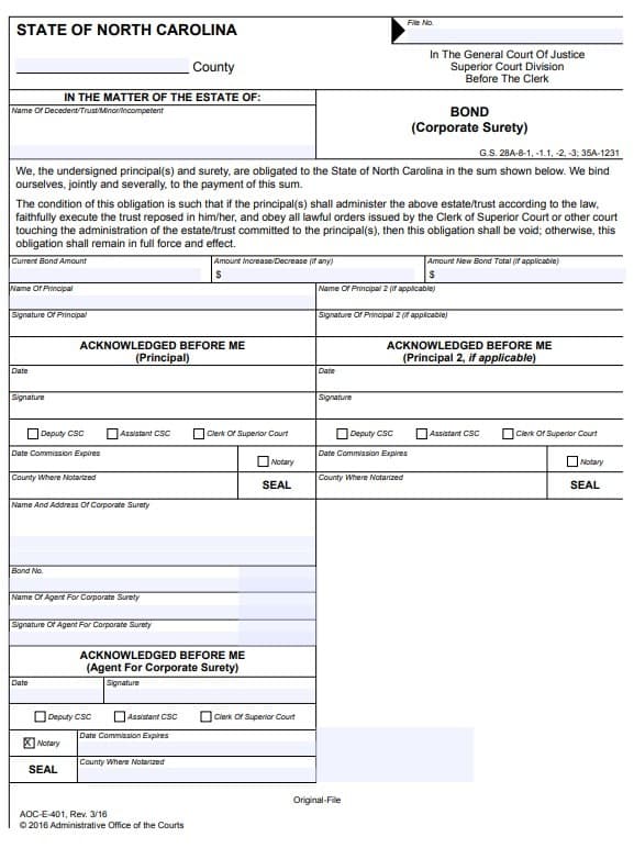 North Carolina Guardian Bond Form