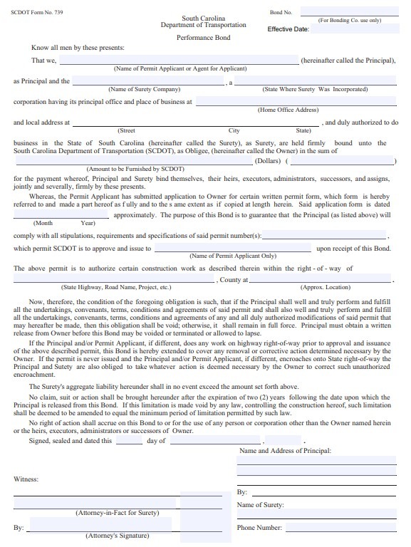 South Carolina Encroachment Permit Bond Form