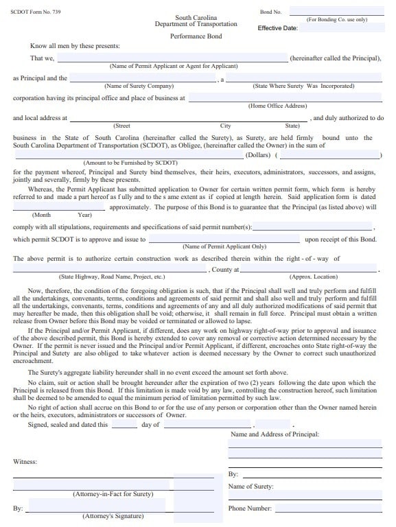 South Carolina Encroachment Permit Bond Form