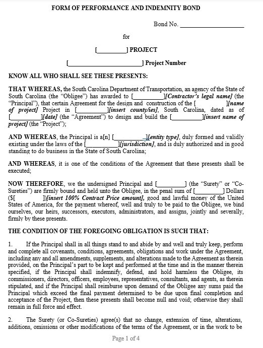 South Carolina SCDOT Performance Bond Form
