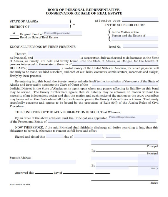 Alaska Personal Representative Bond Form