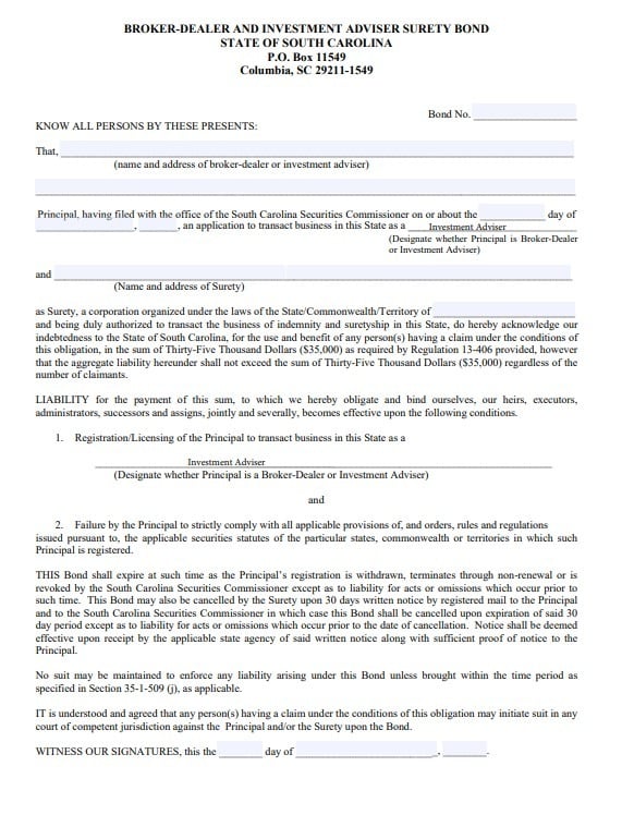 South Carolina Investment Advisor Bond Form