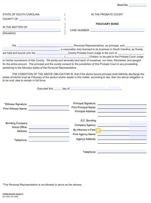 South Carolina Personal Representative Bond Form