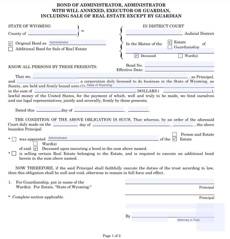 Wyoming Personal Representative Bond Form