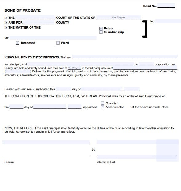 West Virginia Personal Representative Bond Form
