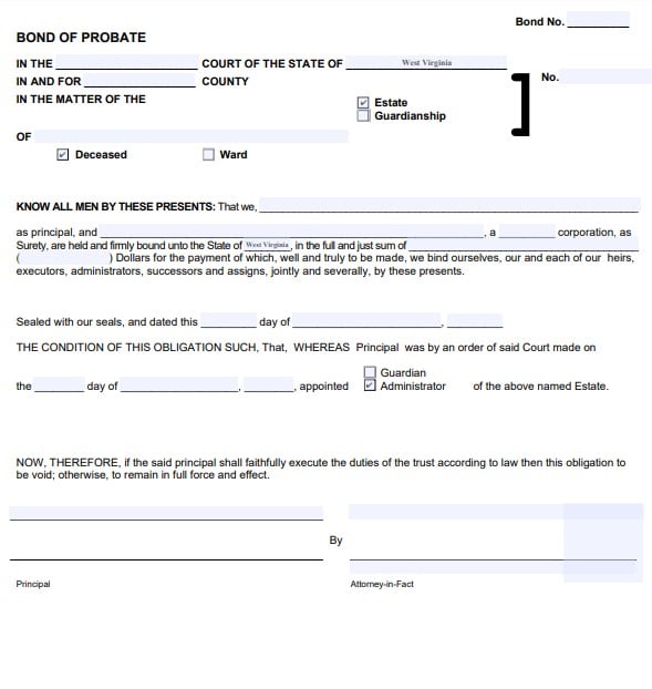 West Virginia Personal Representative Bond Form