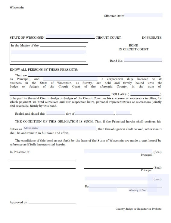 Wisconsin Personal Representative Bond Form