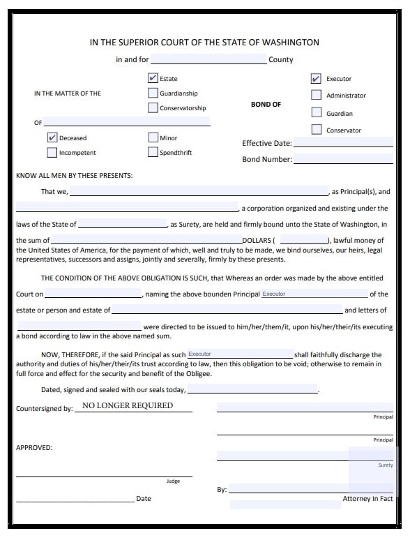 Washington Personal Representative Bond Form