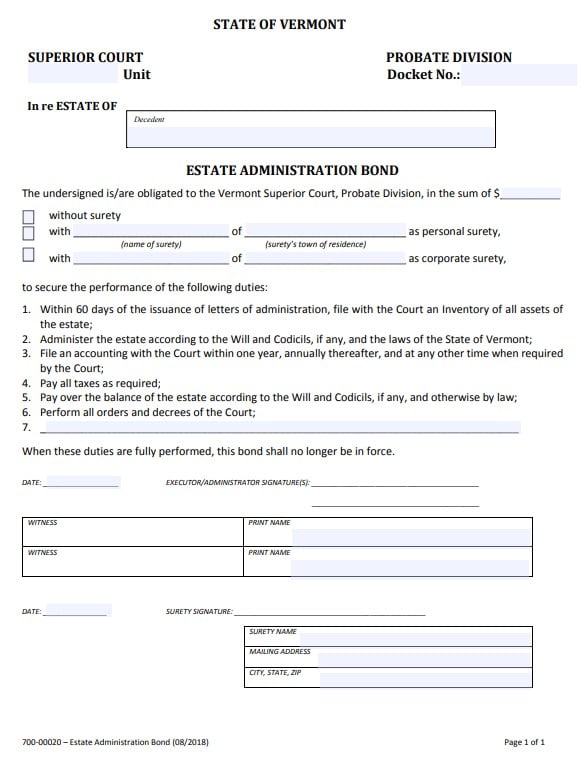 Vermont Estate Administration Bond Form