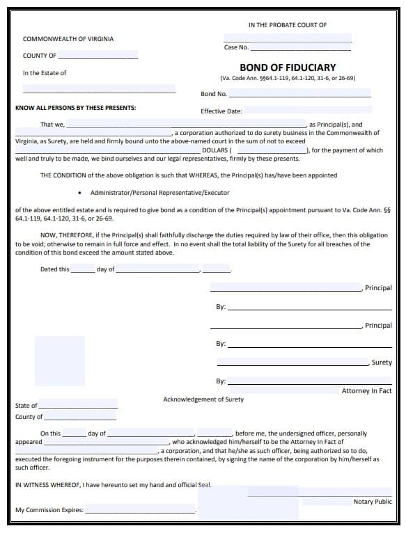 Virginia Personal Representative Bond Form