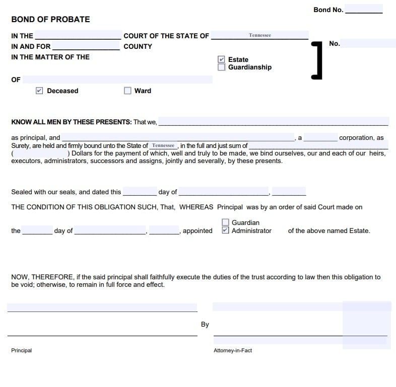 Tennessee Personal Representative Bond Form