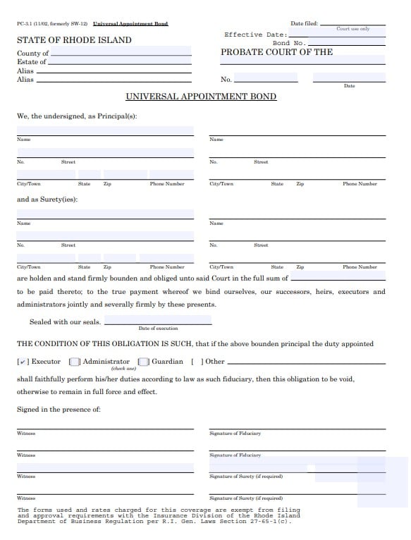  Rhode Island Executor Bond Form