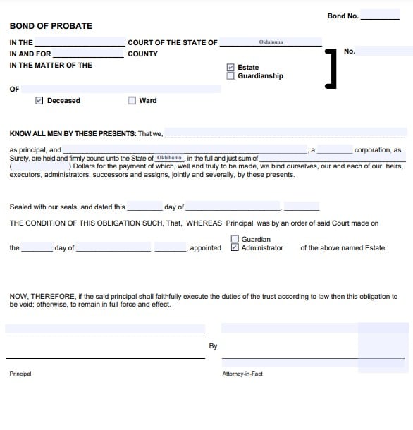 Oklahoma Personal Representative Bond Form