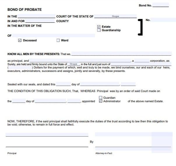 Oregon Personal Representative Bond Form