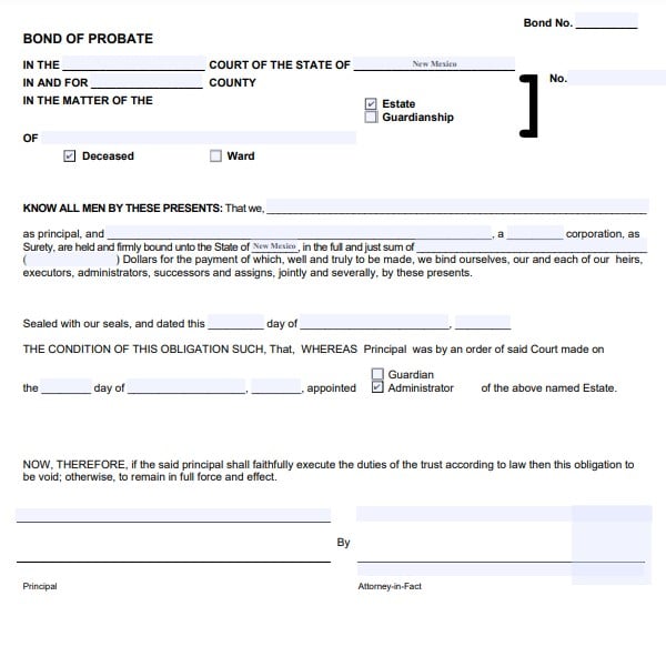 New Mexico Personal Representative Bond Form