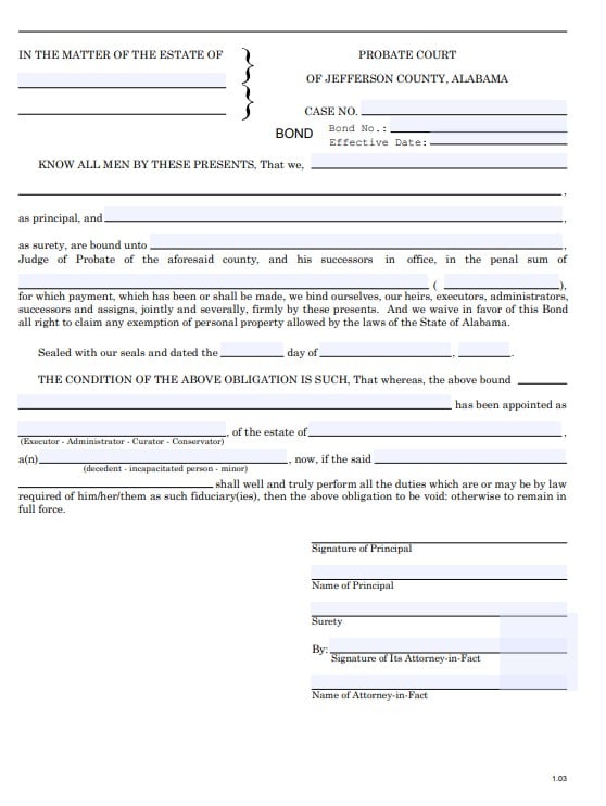 Alabama Personal Representative Bond Form