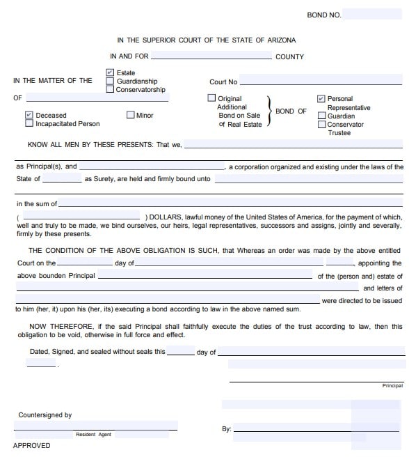 Arizona Personal Representative Bond Form
