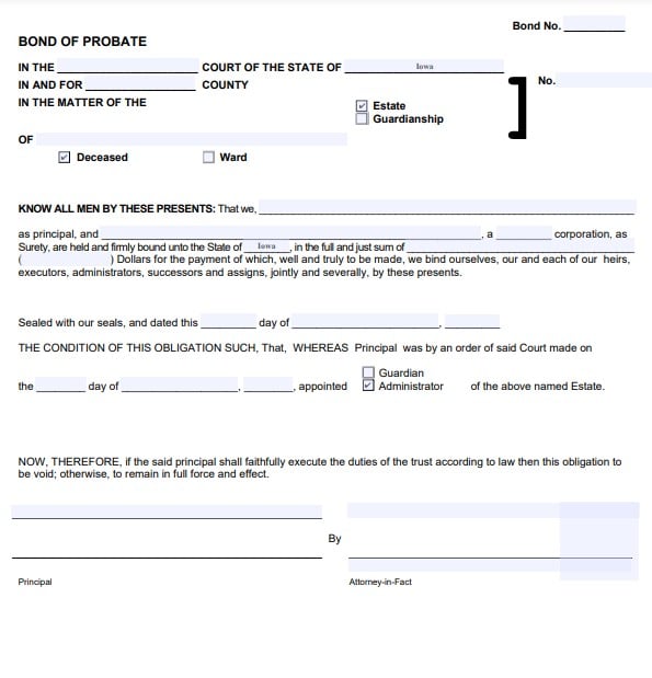 Iowa Personal Representative Bond Form