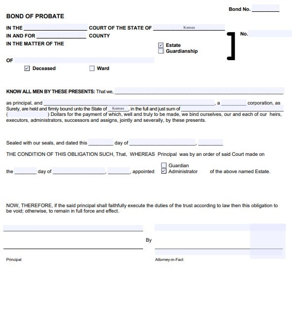 Kansas Personal Representative Bond Form
