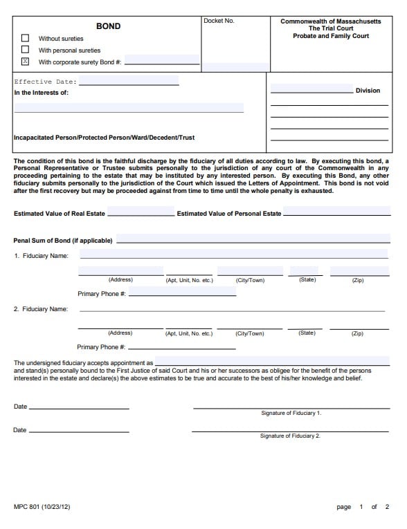 Massachusetts Personal Representative Bond Form