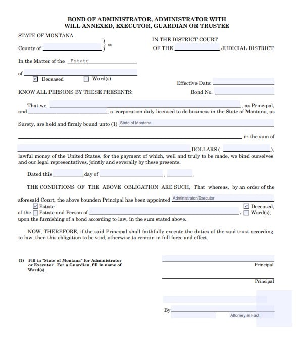 Montana Personal Representative Bond Form