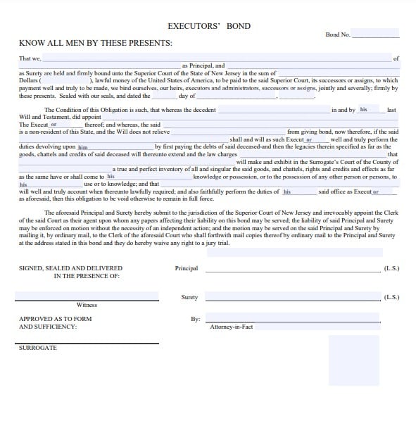 New Jersey Personal Representative Bond Form