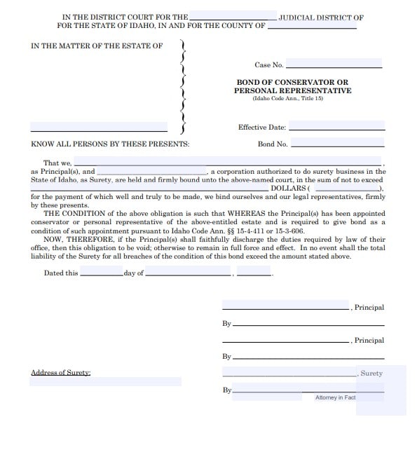 Idaho Personal Representative Bond Form