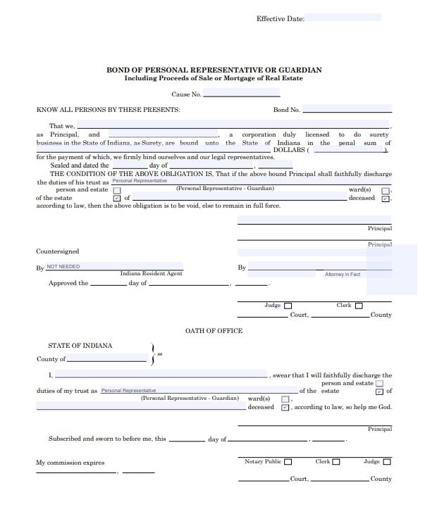 Indiana Personal Representative Bond Form