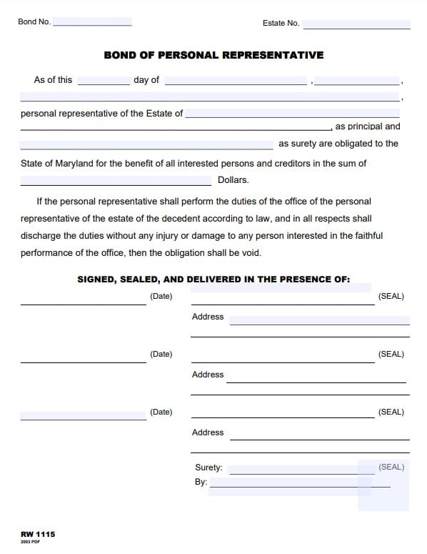 Maryland Personal Representative Bond Form