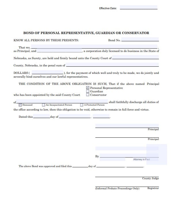 Nebraska Personal Representative Bond Form