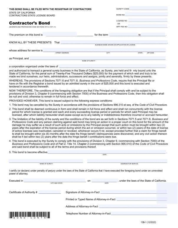 California Contractor License Bond Form