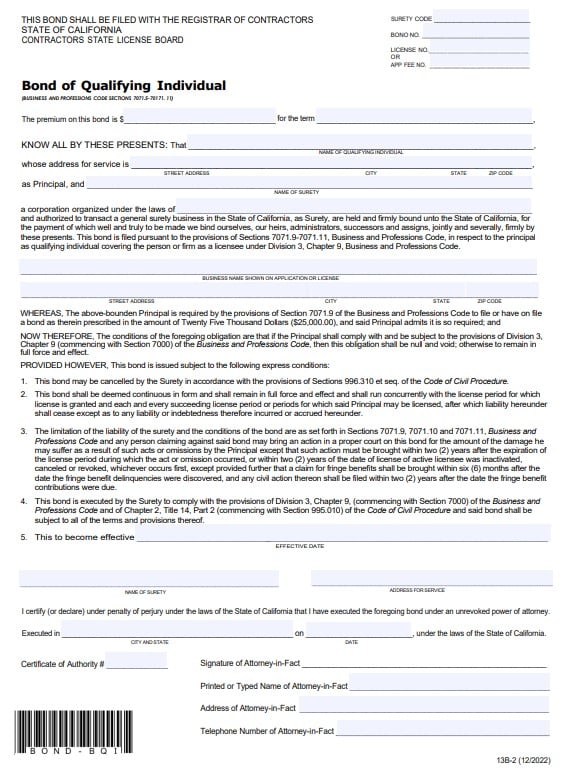 California Bond of Qualifying Individual Form