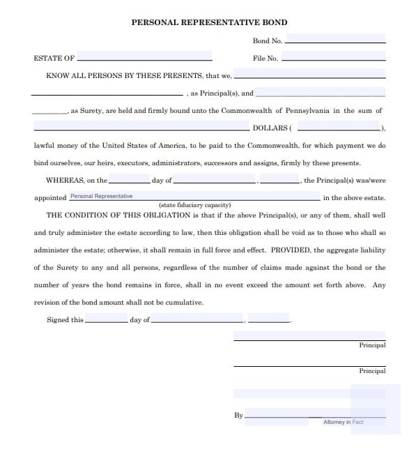 Pennsylvania Personal Representative Bond Form